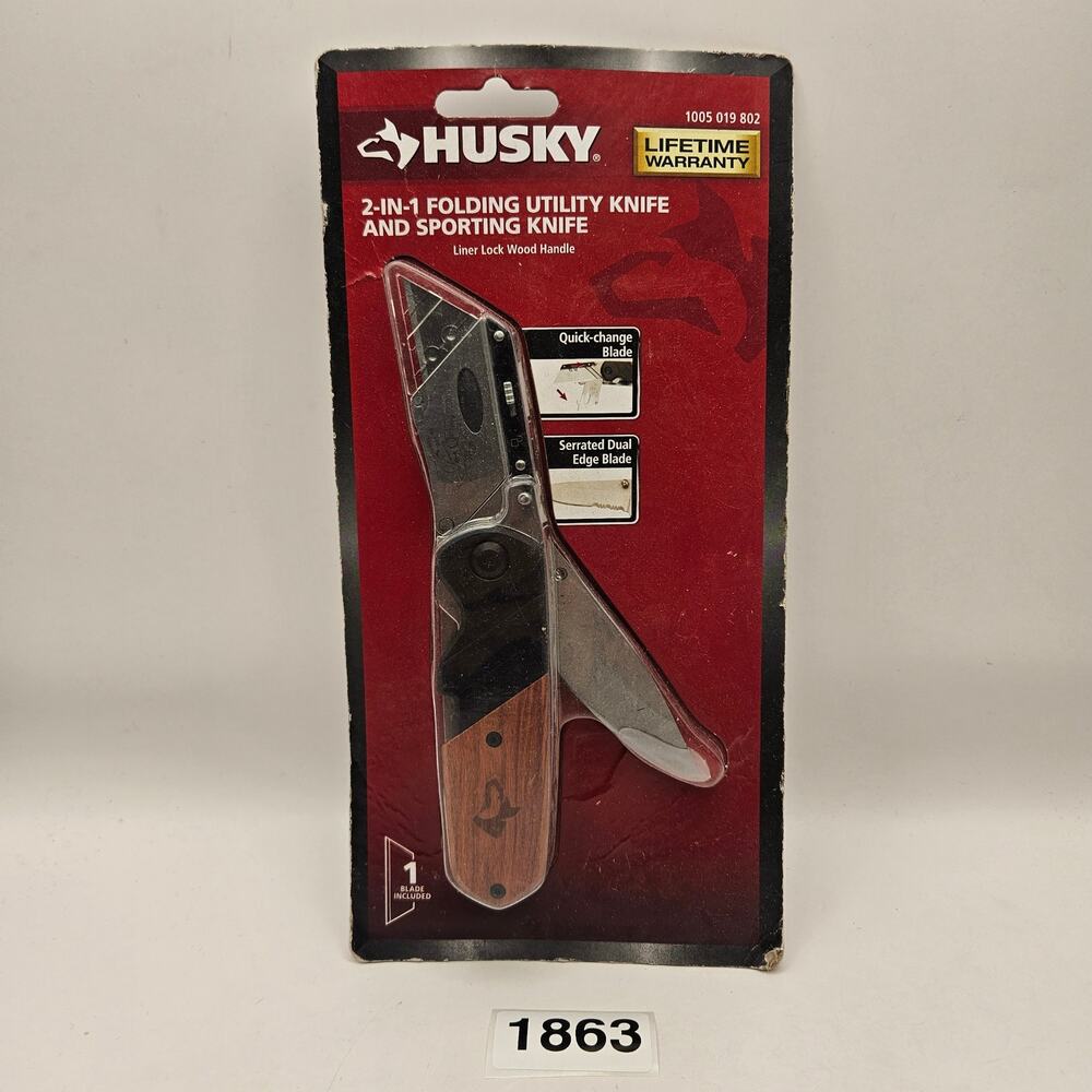 HUSKY 2-IN-1 FOLDING UTILITY KNIFE & SPORTING KNIFE QUICK-CHANGE BLADE NIB